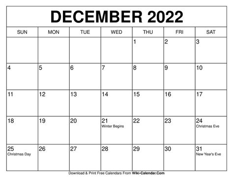 December 2022 Calendar Wiki